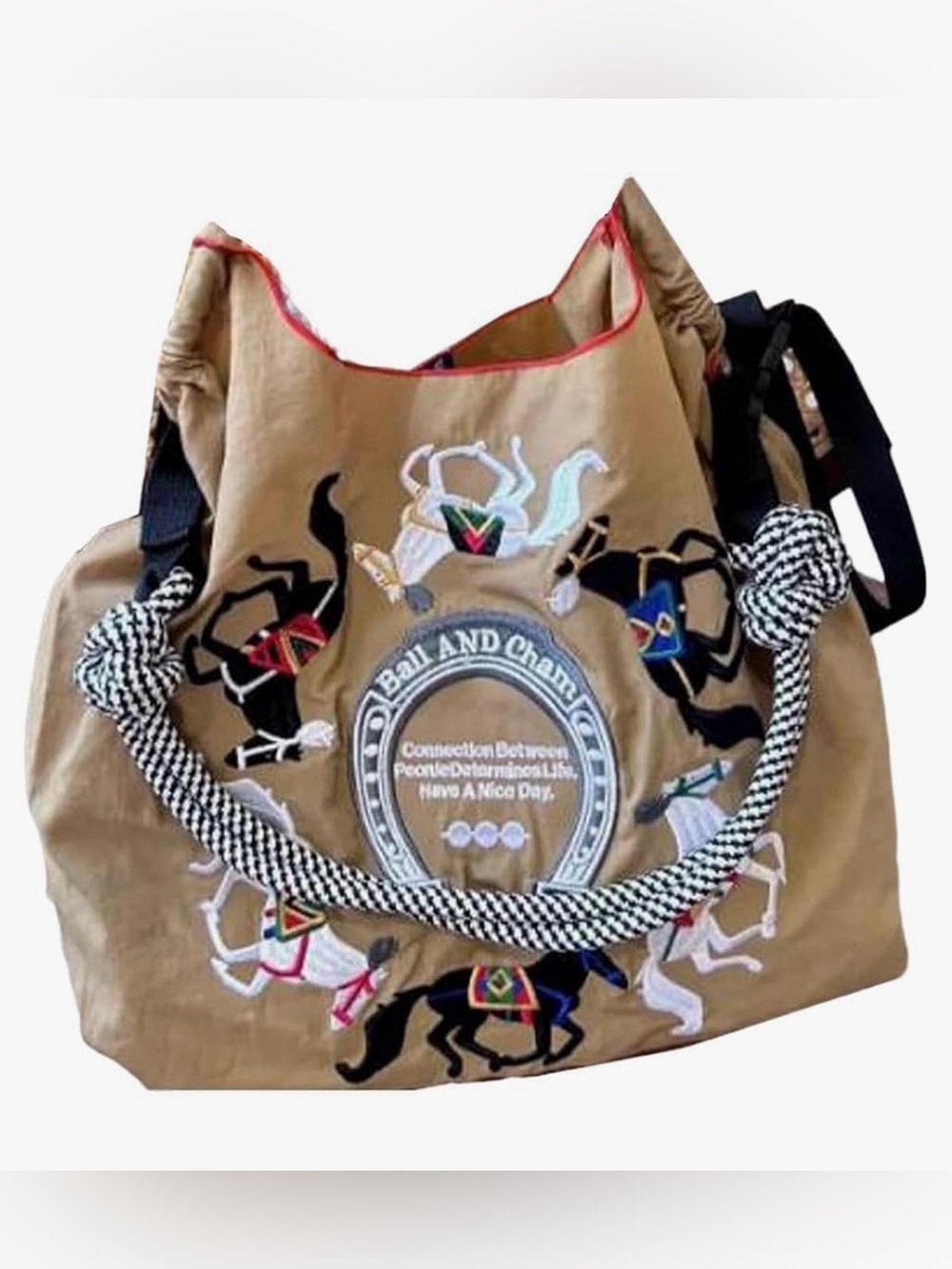 Ball & Chain Japan Horse Embroidered Tan Canvas Tote Bag OS Houndstooth